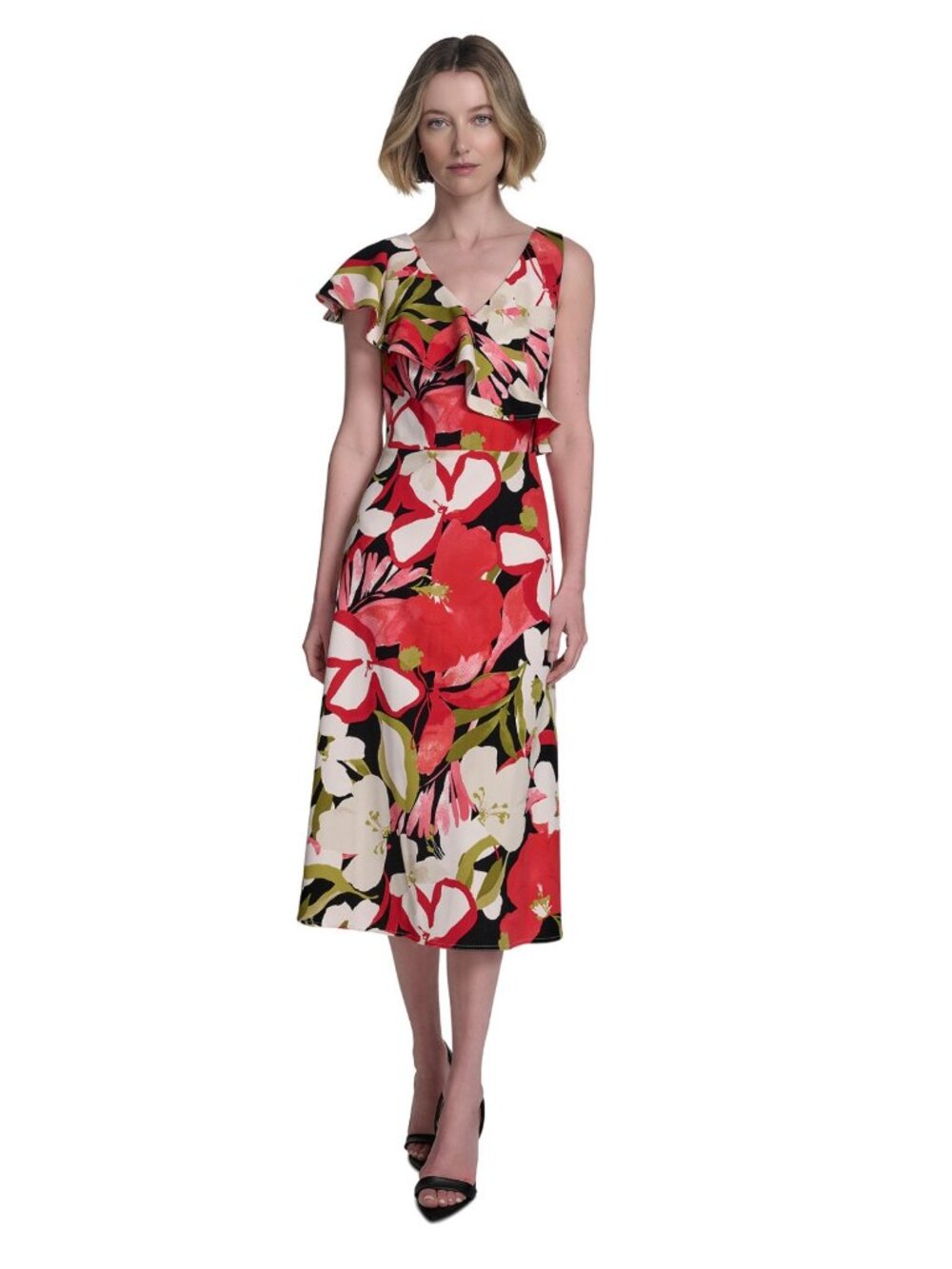 Halston Floral Print One-Shoulder Ruffle Dress Size 14 Multicolor